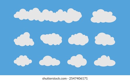 Flat cloud. Simple cloudy shapes. Cartoon white puffy, fluffy and cumulus clouds in blue sky. Abstract comic weather elements. Objects cloudscape for game. Vector collection.