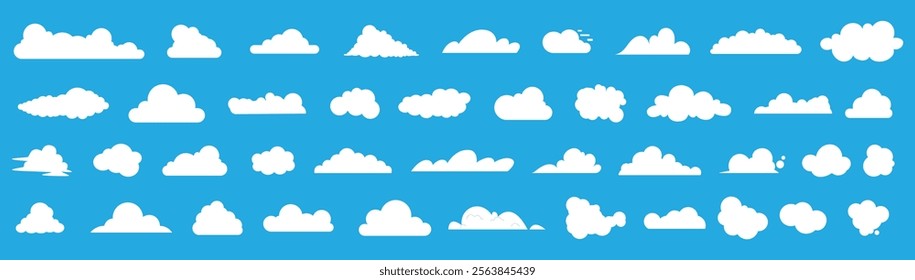 Flat cloud. Simple cloudy shapes. Cartoon white puffy, fluffy and cumulus clouds in blue sky. Abstract comic weather elements. Objects cloudscape for game. Vector collection.