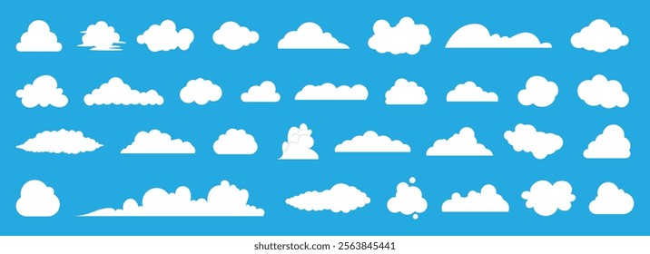 Flat cloud. Simple cloudy shapes. Cartoon white puffy, fluffy and cumulus clouds in blue sky. Abstract comic weather elements. Objects cloudscape for game. Vector collection.