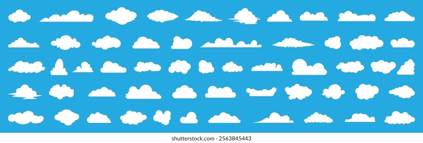 Flat cloud. Simple cloudy shapes. Cartoon white puffy, fluffy and cumulus clouds in blue sky. Abstract comic weather elements. Objects cloudscape for game. Vector collection.