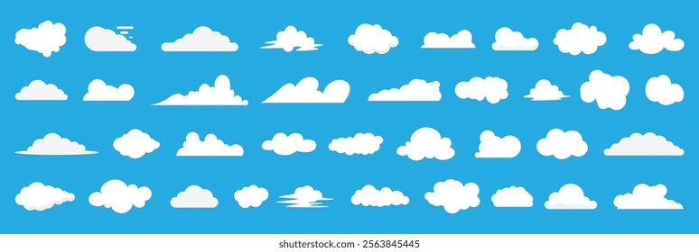 Flat cloud. Simple cloudy shapes. Cartoon white puffy, fluffy and cumulus clouds in blue sky. Abstract comic weather elements. Objects cloudscape for game. Vector collection.