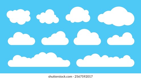 Flat cloud. Simple cloudy shapes. Cartoon white puffy, fluffy and cumulus clouds in blue sky.