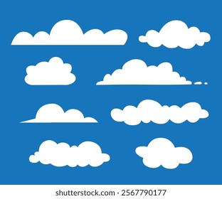 Flat cloud. Simple cloudy shapes. Cartoon white puffy, fluffy and cumulus clouds in blue sky. Abstract comic weather elements. Objects cloudscape for game. Vector collection.