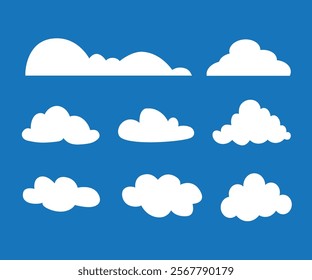 Flat cloud. Simple cloudy shapes. Cartoon white puffy, fluffy and cumulus clouds in blue sky. Abstract comic weather elements. Objects cloudscape for game. Vector collection.