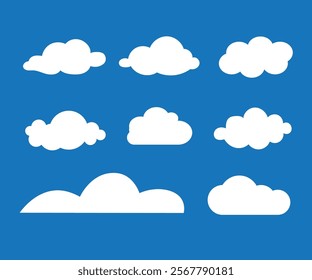 Flat cloud. Simple cloudy shapes. Cartoon white puffy, fluffy and cumulus clouds in blue sky. Abstract comic weather elements. Objects cloudscape for game. Vector collection.