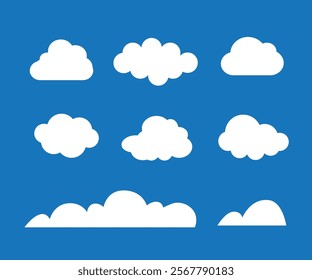 Flat cloud. Simple cloudy shapes. Cartoon white puffy, fluffy and cumulus clouds in blue sky. Abstract comic weather elements. Objects cloudscape for game. Vector collection.