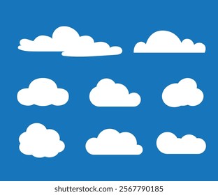 Flat cloud. Simple cloudy shapes. Cartoon white puffy, fluffy and cumulus clouds in blue sky. Abstract comic weather elements. Objects cloudscape for game. Vector collection.