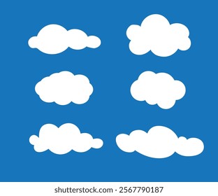 Flat cloud. Simple cloudy shapes. Cartoon white puffy, fluffy and cumulus clouds in blue sky. Abstract comic weather elements. Objects cloudscape for game. Vector collection.