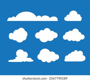 Flat cloud. Simple cloudy shapes. Cartoon white puffy, fluffy and cumulus clouds in blue sky. Abstract comic weather elements. Objects cloudscape for game. Vector collection.