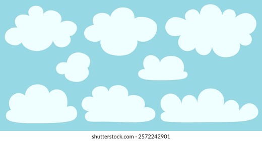 Flat cloud. Simple cloudy shapes. Cartoon white puffy, fluffy and cumulus clouds in blue sky. Abstract comic weather elements. Objects cloudscape for game. Vector collection.