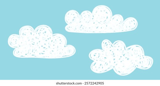 Flat cloud. Simple cloudy shapes. Cartoon white puffy, fluffy and cumulus clouds in blue sky. Abstract comic weather elements. Objects cloudscape for game. Vector collection.