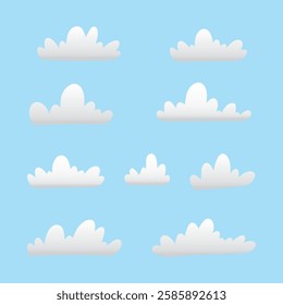 Flat cloud. Simple cloudy shapes. Cartoon white puffy, fluffy and cumulus clouds in blue sky. Abstract comic weather elements. Objects cloudscape for game. Vector collection.