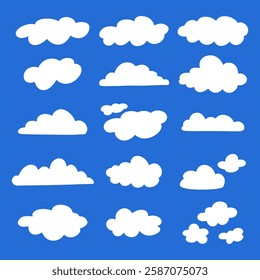 Flat cloud. Simple cloudy shapes. Cartoon white puffy, fluffy and cumulus clouds in blue sky. Abstract comic weather elements. 