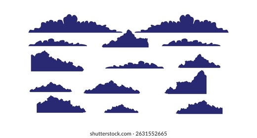 Flat cloud. Simple cloudy shapes. Cartoon white puffy, fluffy and cumulus clouds in blue sky. Abstract comic weather elements
