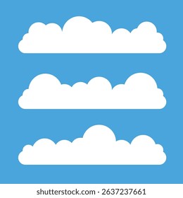 Flat cloud. Simple cloudy shapes. Cartoon white puffy, fluffy and cumulus clouds in blue sky. Abstract comic weather elements. 