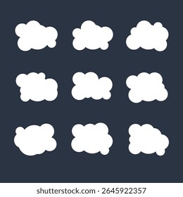 Nuvem plana. Formas turvas simples. Desenho animado branco inchado, macio e cumulus nuvens no céu azul. Elementos meteorológicos abstratos em quadrinhos. Objetos em nuvem para o jogo. Name
