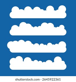 Nuvem plana. Formas turvas simples. Desenho animado branco inchado, macio e cumulus nuvens no céu azul. Elementos meteorológicos abstratos em quadrinhos. Objetos em nuvem para o jogo. Name