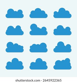 Nuvem plana. Formas turvas simples. Desenho animado branco inchado, macio e cumulus nuvens no céu azul. Elementos meteorológicos abstratos em quadrinhos. Objetos em nuvem para o jogo. Name