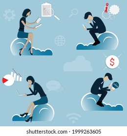 Flat of cloud technology,Many people sitting on the cloud and using their laptop or smartphone for work,The data storage in cloud and people can bring data or application for use - Vector Illustration