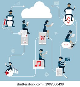 Plano de tecnología en la nube, mucha gente sentada en el icono y usando su laptop o smartphone para trabajar, el almacenamiento de datos en la nube y la gente puede llevar datos o aplicaciones para su uso - Ilustración vectorial
