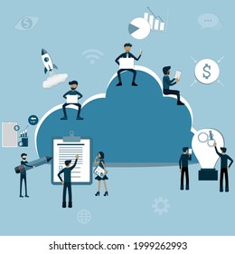 Flat of cloud technology,Many people stay around the cloud and do any activity, Digital lifestyle concept - Vector Illustration
