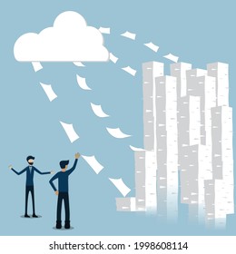 Plano de tecnología en la nube, dos empresarios que miran los papeles vuelan a la nube, ayudando a reducir el uso del papel, concepto inútil del papel - Ilustración vectorial
