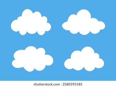 Flat clouds in blue sky background. White puffy, fluffy, cumulus clouds. Cloudy shapes mockup. Weather abstract elements template. Objects cloudscape layout.