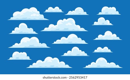 Flat clouds collection on blue background. Illustration in flat style. Cloudy vector cartoon illustration. Nature abstract elements. Group of clouds.