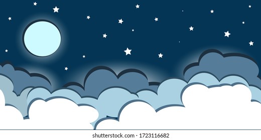 Flat clouds in a front of night sky in stars and moon. Vector illustration. 