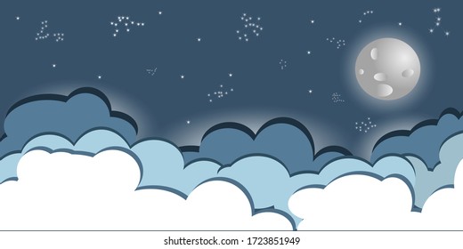 Flat clouds in a front of night sky with constellations of zodiac signs and moon. Vector illustration. 