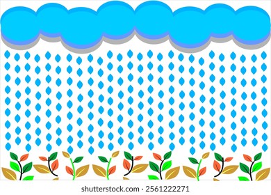 Flat clouds and rains seamless pattern. Cloud and rain pattern background. Illustration of falling rain fertilizing plants.