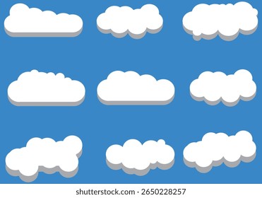 Flat Clouds Shapes Design. White Clouds in Blue Sky. Clouds Set in atmosphere.