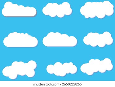 Flat Clouds Shapes Design. White Clouds in Blue Sky. Clouds Set in atmosphere.