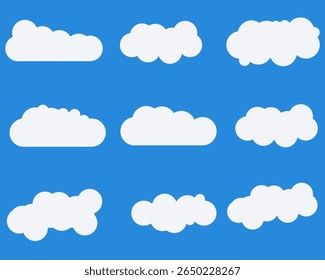 Flat Clouds Shapes Design. White Clouds in Blue Sky. Clouds Set in atmosphere.