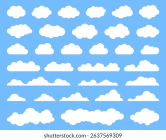 Flat clouds. Simple white cloudy various icons. Cartoon soft fluffy and cumulus clouds in blue sky. Abstract comic weather elements. Cloudscape for game. Vector isolated set.