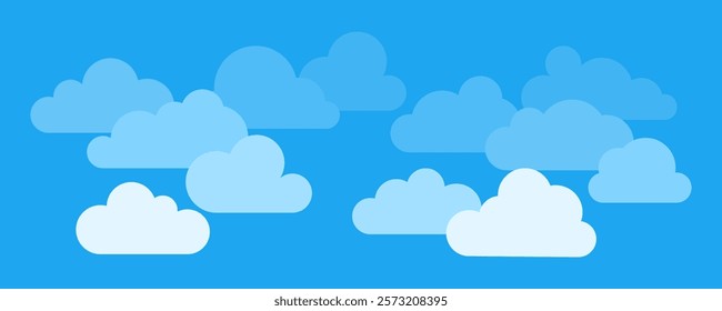 Flat clouds. Weather elements. Cartoon puffy, fluffy and cumulus clouds in blue sky for baby shower, covers, cards, games. Vector collection