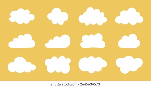 Flat clouds. Weather elements minimalist templates. Fluffy clouds. Puffy, cumulus clouds. Objects cloudscape. Cloudy forms patterns. Hand drawn white cute samples.