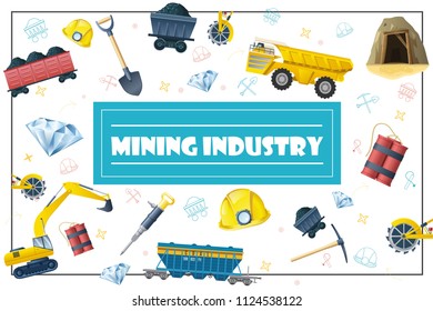 Flat coal production elements concept with shovel pickaxe dynamite helmet crystal wagon drill dump truck excavator mine bucket wheel in frame vector illustration