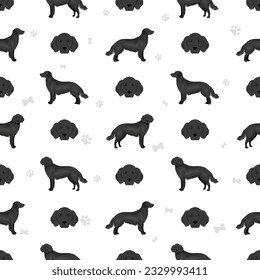 Flat coated retriever seamless pattern. Different poses, coat colors set.  Vector illustration