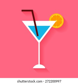 Flat Cocktail with Orange Slice and Tubule. Vector Illustration of Alcohol Drink