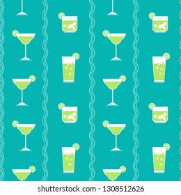 Flat cocktail party vector seamless pattern. Alcoholic liquor decorative pattern. Bar drinks menu, restaurant wine card background. Club cocktails collection template. Tropical beverage vintage sign - Shutterstock ID 1308512626
