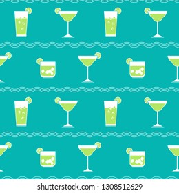 Flat cocktail party vector seamless pattern. Alcoholic liquor decorative pattern. Bar drinks menu, restaurant wine card background. Club cocktails collection template. Tropical beverage vintage sign