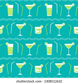 Flat cocktail party vector seamless pattern. Alcoholic liquor decorative pattern. Bar drinks menu, restaurant wine card background. Club cocktails collection template. Tropical beverage vintage sign