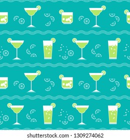 Flat cocktail party vector seamless pattern. Alcoholic liquor decorative pattern. Bar drinks menu, restaurant wine card background. Club cocktails collection template. Tropical beverage vintage sign