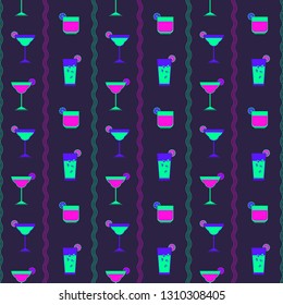 Flat cocktail party vector seamless pattern. Alcoholic liquor decorative pattern. Bar drinks menu, restaurant wine card background. Club cocktails collection template. Neon futuristic color beverage