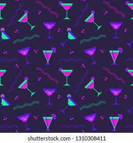 Flat cocktail party vector seamless pattern. Alcoholic liquor decorative pattern. Bar drinks menu, restaurant wine card background. Club cocktails collection template. Neon futuristic color beverage