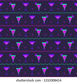 Flat cocktail party vector seamless pattern. Alcoholic liquor decorative pattern. Bar drinks menu, restaurant wine card background. Club cocktails collection template. Neon futuristic color beverage