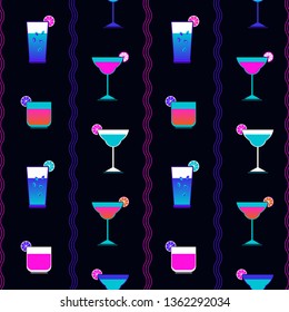 Flat cocktail party vector seamless pattern. Alcoholic liquor decorative pattern. Bar drinks menu, restaurant wine card background. Club cocktails collection template. Neon futuristic color beverage