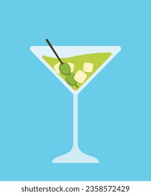 Cóctel plano Bebida refrescante con frutas de oliva y cubo de hielo. Ilustración del vector de dibujos animados. El concepto de bebidas