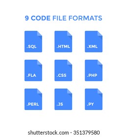 Flat code file type icons. Blue vector file icons